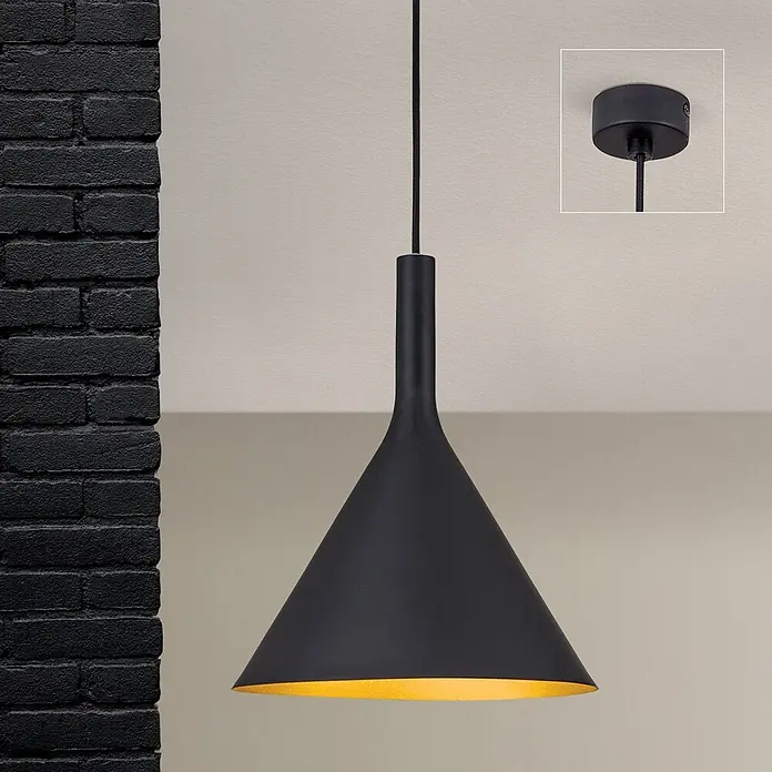 Orion Leuchten Pendelleuchte Gunda Ø 25 cm -  - Schwarze Pendelleuchte mit konischem Schirm und goldener Innenseite, von der Decke hängend.