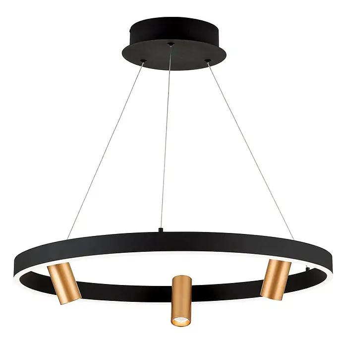 Orion Leuchten Pendelleuchte Berlin -  - Schwarze Ring-Pendelleuchte mit integrierter LED und drei goldenen Zylinderstrahlern.