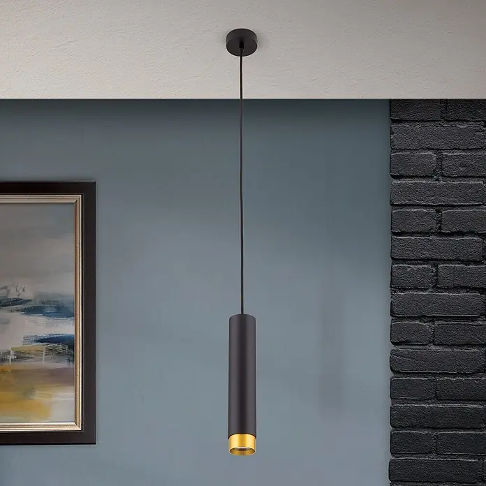 Orion Leuchten Pendelleuchte Martini H 30 cm -  - Schwarze zylindrische Pendelleuchte mit goldenem Akzent, von der Decke hängend.