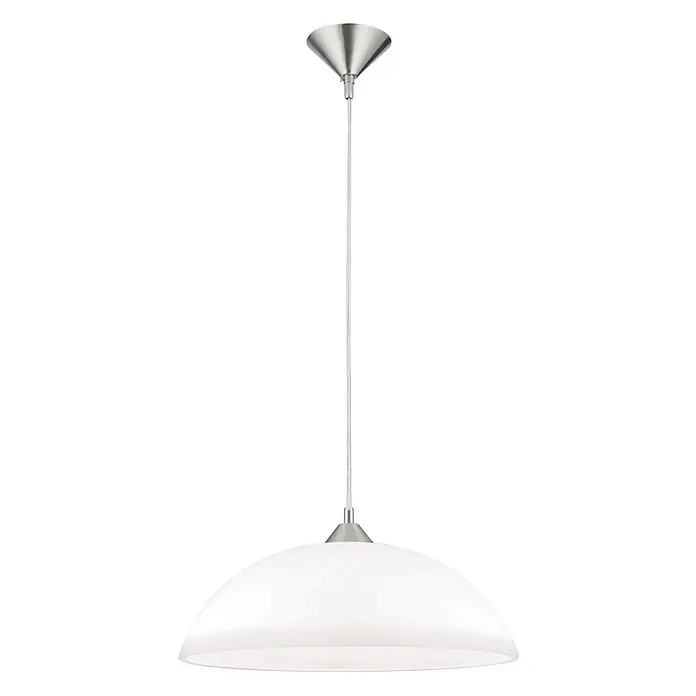 Orion Leuchten Hängelleuchte Grados Silber H 14.5 cm -  - Weiße Pendelleuchte mit opalweißem Glasschirm in Kuppelform, gebürsteter Nickeloberfläche und transparentem Kabel.