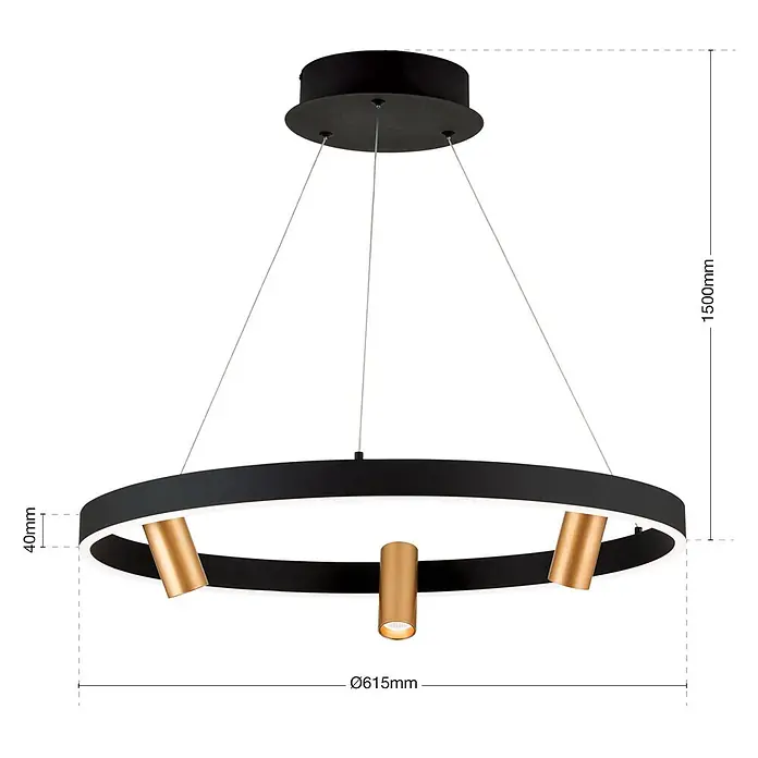 Orion Leuchten Pendelleuchte Berlin -  - Moderne schwarze LED-Pendelleuchte, kreisförmig, mit drei goldenen Spots, an Kabeln aufgehängt.