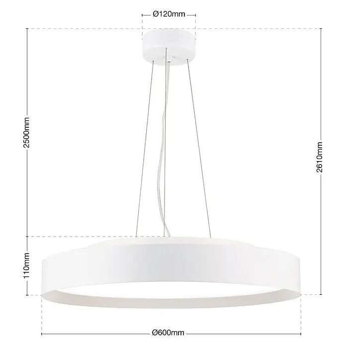 Orion Leuchten Pendelleuchte Vario Ø 60 cm -  - Weiße kreisförmige LED-Pendelleuchte mit technischen Maßen.