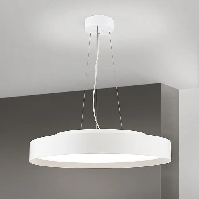Orion Leuchten Pendelleuchte Vario Ø 60 cm -  - Moderne weiße runde LED-Pendelleuchte, an dünnen Drähten und einem Kabel von der Decke hängend.