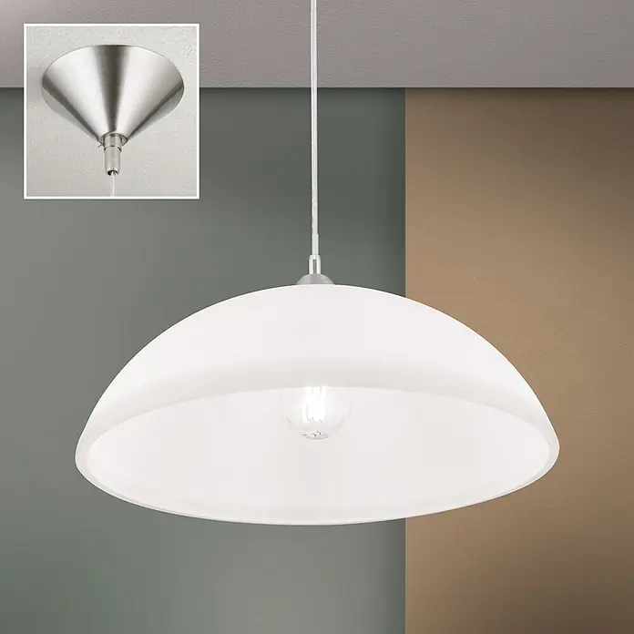 Orion Leuchten Hängelleuchte Grados Silber H 14.5 cm -  - Weiße Pendelleuchte mit gebürsteter Stahl-Deckenrose und Fassung, von der Decke hängend.