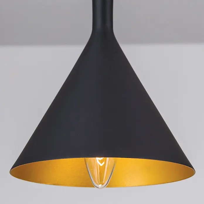 Orion Leuchten Pendelleuchte Gunda Ø 16.5 cm -  - Schwarze kegelförmige Pendelleuchte mit goldener Innenseite und sichtbarer klarer Glühbirne.