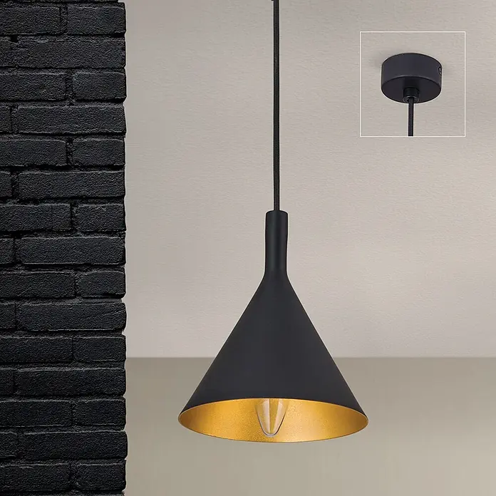 Orion Leuchten Pendelleuchte Gunda Ø 16.5 cm -  - Schwarze, konische Pendelleuchte mit goldener Innenseite hängt von der Decke. Ein Einsatz zeigt die schwarze Deckenrosette.