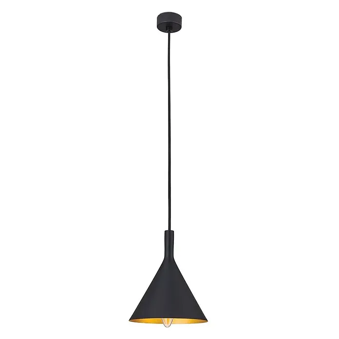 Orion Leuchten Pendelleuchte Gunda Ø 16.5 cm -  - Schwarze Pendelleuchte mit konischem Schirm, goldener Innenseite und schwarzem Stoffkabel, von einer schwarzen Deckenrosette hängend.