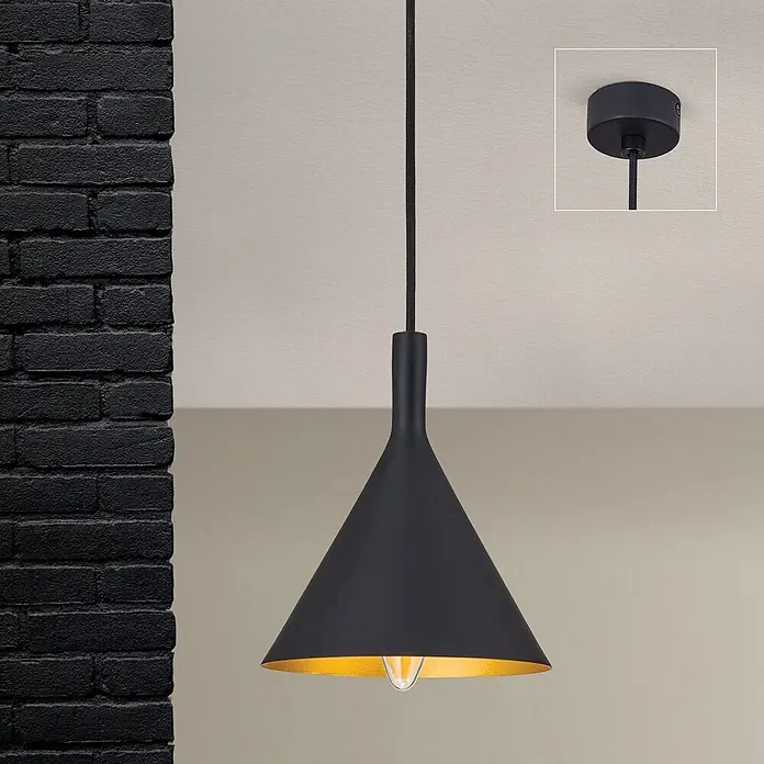 Orion Leuchten Pendelleuchte Gunda Ø 16.5 cm -  - Schwarze konische Pendelleuchte mit goldener Innenseite, von der Decke hängend.