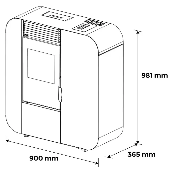 Pelletofen Slim Astral 13,8 kW Schwarz Sannover -  - Weißer Pelletofen, 900 mm breit, 365 mm tief und 981 mm hoch.