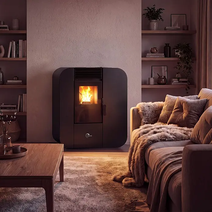 Pelletofen Slim Astral 9,4 kW Schwarz Sannover -  - Dunkelgrauer Pelletofen wärmt ein gemütliches Wohnzimmer.