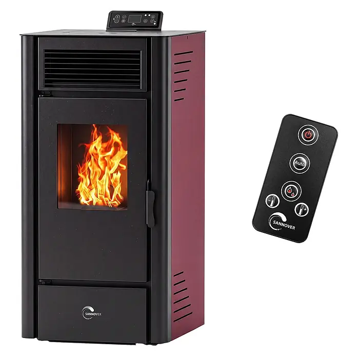 Sannover Pelletofen Anita 15,1 Bordeaux -  - Weinroter und schwarzer Pelletofen mit sichtbarer Flamme, Bedienfeld oben und Fernbedienung.