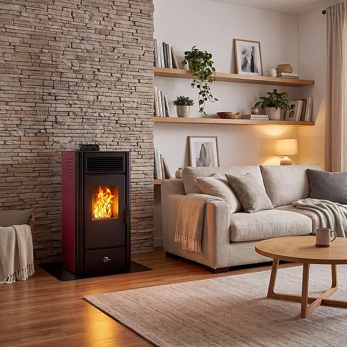 Sannover Pelletofen Anita 15,1 Bordeaux -  - Roter und schwarzer Pelletofen mit sichtbarem Feuer, der ein modernes Wohnzimmer an einer Steinwand wärmt.