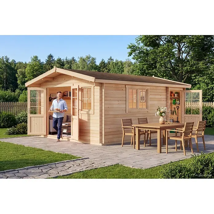 Gartenhaus Jennifer400x550cm Natur 28mm Wandstärke -  - Natürliche Holz-Gartenhütte mit einem Mann, der mit einem Tablett heraustritt, umgeben von Gartenmöbeln in einer grünen Umgebung.