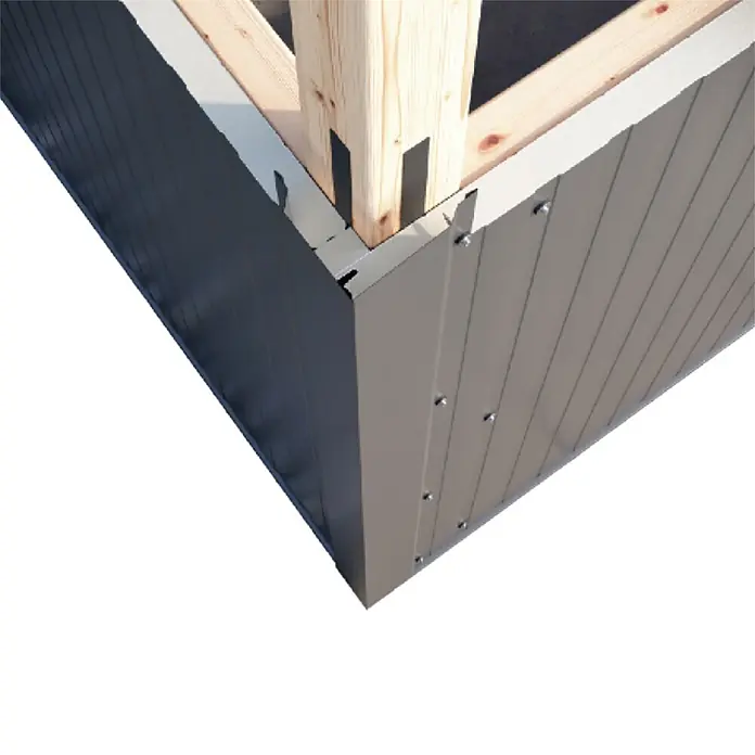 Fassadenpaneel Sandwich PUR - Anthrazit, L x B: 250 x 100 cm, Stahl - Graue Metallecke für ein Hochbeet mit vertikalen Paneelen und Holzrahmen.