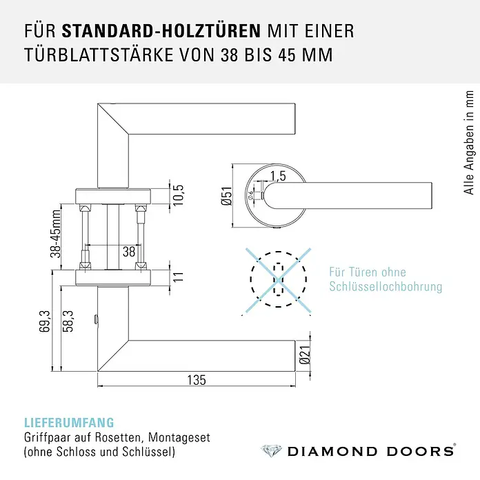 Diamond Doors Zimmertürgarnitur L-Form Premium Smart2Lock rechts - Stärke Tür: 38 mm - 45 mm, L-Form, Edelstahl matt, DIN Anschlag: Rechts, Passend für: Türen ohne Schlüssellochbohrung, Türen mit Schlüssellochbohrung benötigen zusätzlich eine Blindrosette - Türdrückergarnitur auf Rosetten für Holzstärken 38-45mm, ohne Schlüsselloch.