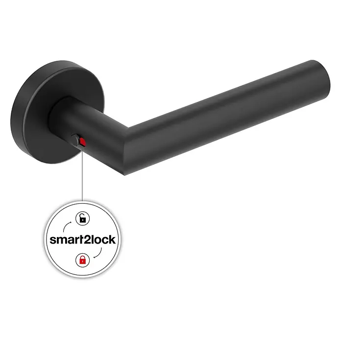 Diamond Doors Zimmertürgarnitur L-Form Premium Smart2Lock rechts - Stärke Tür: 38 mm - 45 mm, L-Form, Schwarz, DIN Anschlag: Rechts, Passend für: Türen ohne Schlüssellochbohrung, Türen mit Schlüssellochbohrung benötigen zusätzlich eine Blindrosette - Schwarzer Türdrücker mit smart2lock Knopf, der Verriegelungszustände anzeigt.