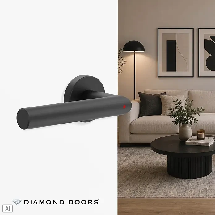 Diamond Doors Zimmertürgarnitur L-Form Premium Smart2Lock links - Stärke Tür: 38 mm - 45 mm, L-Form, Schwarz, DIN Anschlag: Links, Passend für: Türen ohne Schlüssellochbohrung, Türen mit Schlüssellochbohrung benötigen zusätzlich eine Blindrosette - Matt schwarzer Türgriff mit roter Privacy-Anzeige.
