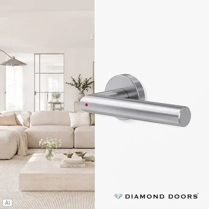 Diamond Doors Zimmertürgarnitur L-Form Premium Smart2Lock rechts - Stärke Tür: 38 mm - 45 mm, L-Form, Edelstahl matt, DIN Anschlag: Rechts, Passend für: Türen ohne Schlüssellochbohrung, Türen mit Schlüssellochbohrung benötigen zusätzlich eine Blindrosette - Gebürsteter silberner Türgriff mit roter Anzeige, in einer modernen Wohnumgebung.