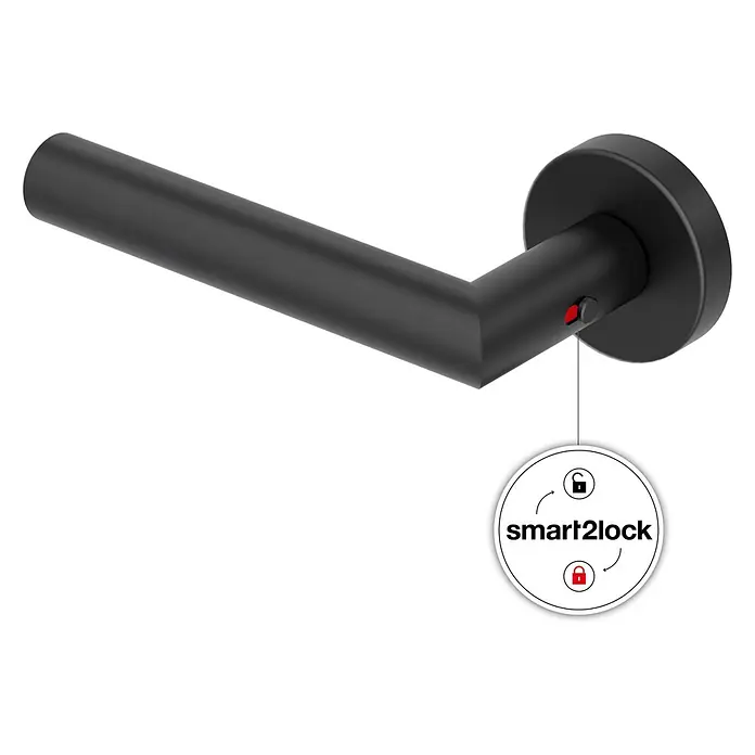 Diamond Doors Zimmertürgarnitur L-Form Premium Smart2Lock links - Stärke Tür: 38 mm - 45 mm, L-Form, Schwarz, DIN Anschlag: Links, Passend für: Türen ohne Schlüssellochbohrung, Türen mit Schlüssellochbohrung benötigen zusätzlich eine Blindrosette - Mattschwarze Türklinke mit integrierter smart2lock-Funktion, zeigt Verriegelungs- und Entriegelungsanzeigen.