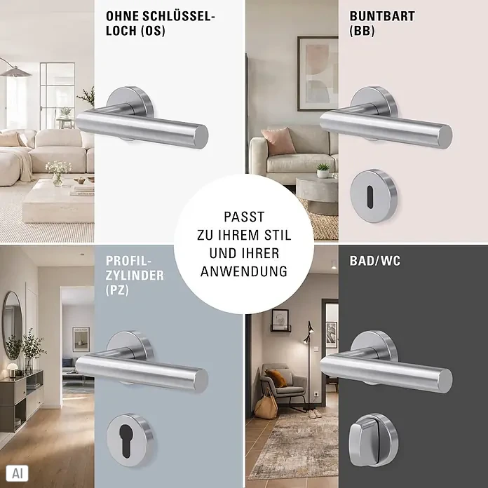 Diamond Doors Zimmertürgarnitur L-Form Premium Smart2Lock rechts - Stärke Tür: 38 mm - 45 mm, L-Form, Edelstahl matt, DIN Anschlag: Rechts, Passend für: Türen ohne Schlüssellochbohrung, Türen mit Schlüssellochbohrung benötigen zusätzlich eine Blindrosette - Vier silberne Türdrücker-Garnituren mit verschiedenen Schlossarten: ohne Schlüsselloch, Buntbart, Profilzylinder und Bad/WC-Verriegelung.