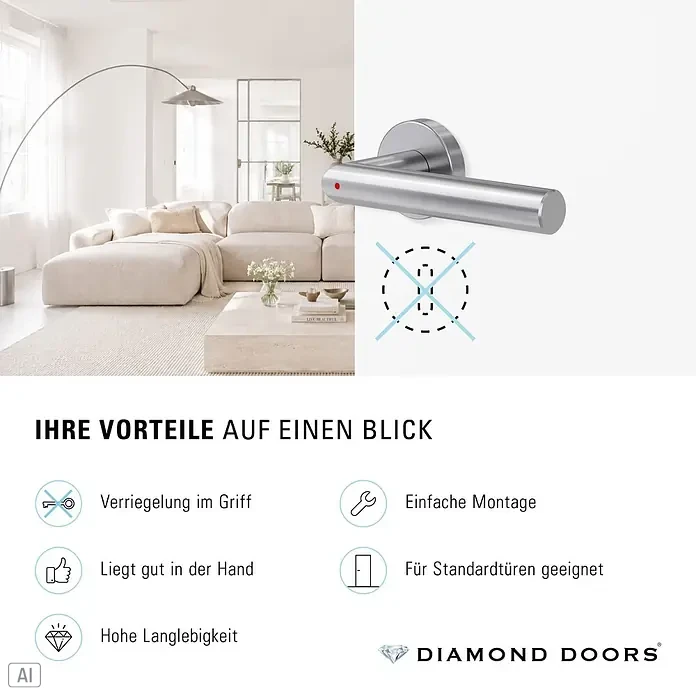 Diamond Doors Zimmertürgarnitur L-Form Premium Smart2Lock rechts - Stärke Tür: 38 mm - 45 mm, L-Form, Edelstahl matt, DIN Anschlag: Rechts, Passend für: Türen ohne Schlüssellochbohrung, Türen mit Schlüssellochbohrung benötigen zusätzlich eine Blindrosette - Silberner Türgriff mit roter Anzeige, geeignet für Standardtüren, einfache Montage und hohe Langlebigkeit.