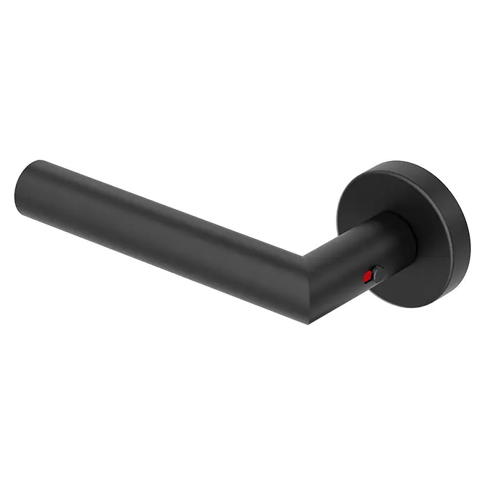 Diamond Doors Zimmertürgarnitur L-Form Premium Smart2Lock links - Stärke Tür: 38 mm - 45 mm, L-Form, Schwarz, DIN Anschlag: Links, Passend für: Türen ohne Schlüssellochbohrung, Türen mit Schlüssellochbohrung benötigen zusätzlich eine Blindrosette - Schwarzer matter Türdrücker mit runder Rosette und rotem Privatsphärenindikator.