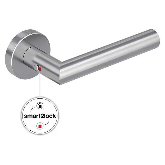 Diamond Doors Zimmertürgarnitur L-Form Premium Smart2Lock rechts - Stärke Tür: 38 mm - 45 mm, L-Form, Edelstahl matt, DIN Anschlag: Rechts, Passend für: Türen ohne Schlüssellochbohrung, Türen mit Schlüssellochbohrung benötigen zusätzlich eine Blindrosette - Türklinke aus gebürstetem Edelstahl mit smart2lock-Funktion, rotem Verriegelungsknopf und Schloss-Symbolen.