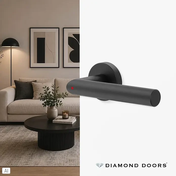 Diamond Doors Zimmertürgarnitur L-Form Premium Smart2Lock rechts - Stärke Tür: 38 mm - 45 mm, L-Form, Schwarz, DIN Anschlag: Rechts, Passend für: Türen ohne Schlüssellochbohrung, Türen mit Schlüssellochbohrung benötigen zusätzlich eine Blindrosette - Mattschwarze Türgriffgarnitur mit roter Anzeige in Wohnzimmerumgebung.