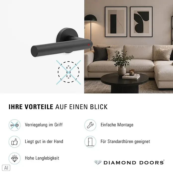 Diamond Doors Zimmertürgarnitur L-Form Premium Smart2Lock links - Stärke Tür: 38 mm - 45 mm, L-Form, Schwarz, DIN Anschlag: Links, Passend für: Türen ohne Schlüssellochbohrung, Türen mit Schlüssellochbohrung benötigen zusätzlich eine Blindrosette - Schwarze Türgriffgarnitur mit Verriegelung im Griff und rotem Indikator, vor einem Wohnzimmerambiente.