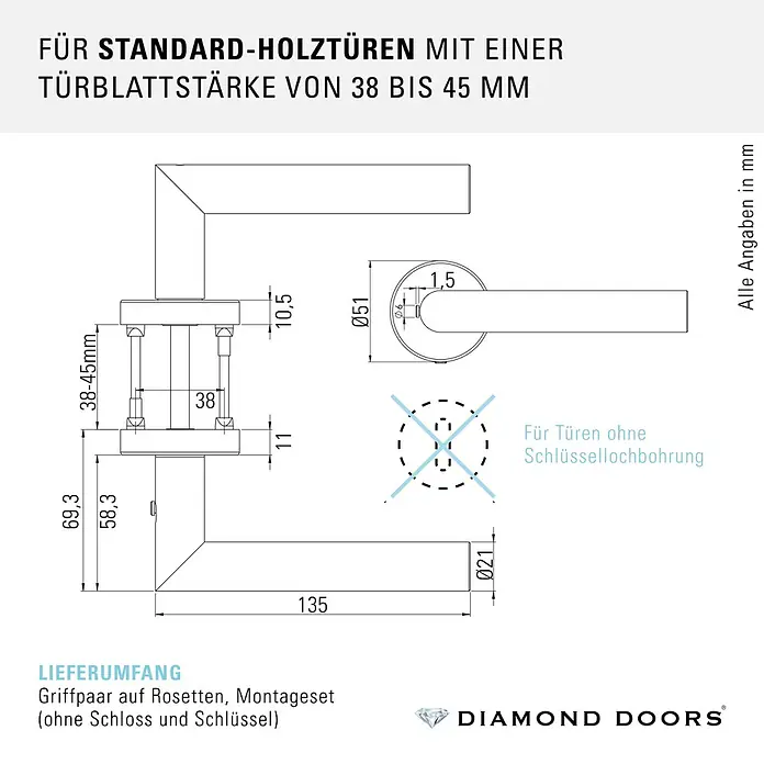 Diamond Doors Zimmertürgarnitur L-Form Premium Smart2Lock links - Stärke Tür: 38 mm - 45 mm, L-Form, Schwarz, DIN Anschlag: Links, Passend für: Türen ohne Schlüssellochbohrung, Türen mit Schlüssellochbohrung benötigen zusätzlich eine Blindrosette - Türdrücker-Set auf Rosetten für Holztüren (38-45 mm), ohne Schlüssellochbohrung. Technische Zeichnung mit Maßen.