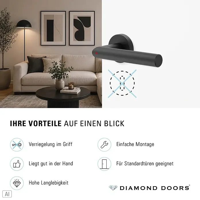 Diamond Doors Zimmertürgarnitur L-Form Premium Smart2Lock rechts - Stärke Tür: 38 mm - 45 mm, L-Form, Schwarz, DIN Anschlag: Rechts, Passend für: Türen ohne Schlüssellochbohrung, Türen mit Schlüssellochbohrung benötigen zusätzlich eine Blindrosette - Mattschwarzer Türgriff mit integrierter Verriegelung und einfacher Montage für Standardtüren.
