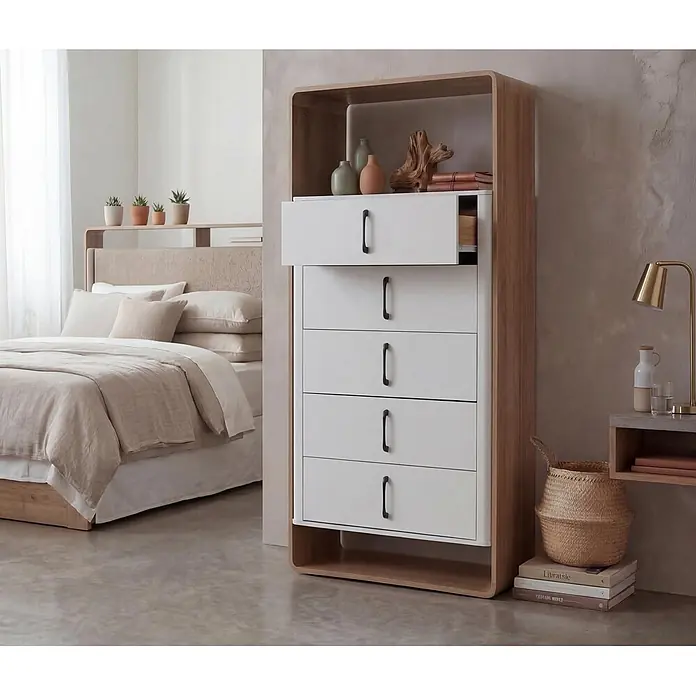 Mendler Highboard HWC-P43 155x80x41cm MDF - Wotan-Eiche-Optik, weiß -  - Hohe Holzkommode mit weißen Fronten, schwarzen Griffen und teilweise offener oberer Schublade, in einen Holzrahmen integriert, im Schlafzimmer.