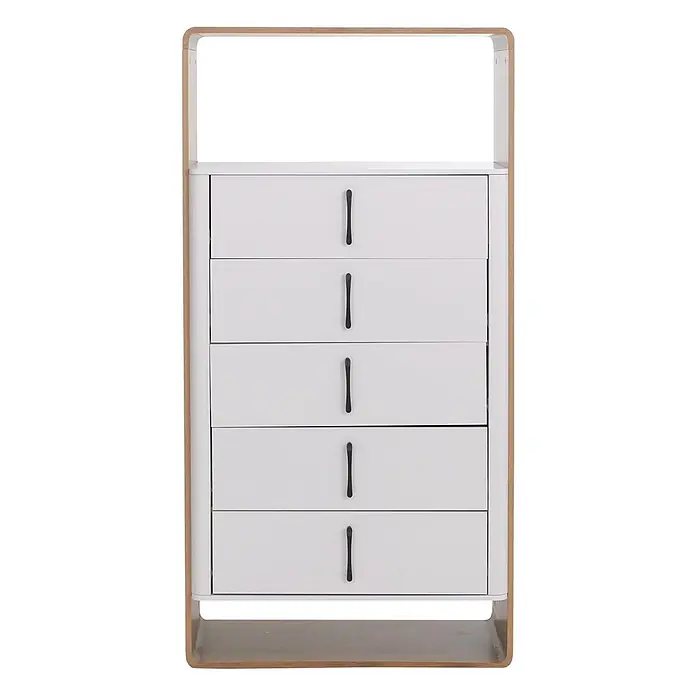 Mendler Highboard HWC-P43 155x80x41cm MDF - Wotan-Eiche-Optik, weiß -  - Moderne weiße Kommode mit 5 Schubladen, schwarzen vertikalen Griffen und hellem Holzrahmen, oben und unten offen.