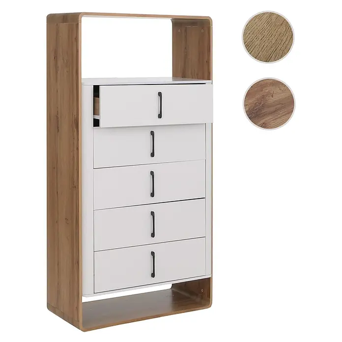Mendler Highboard HWC-P43 155x80x41cm MDF - Wotan-Eiche-Optik, weiß -  - Kommode mit hellbraunem Holzrahmen und fünf weißen Schubladen mit schwarzen Griffen. Obere Schublade leicht geöffnet.