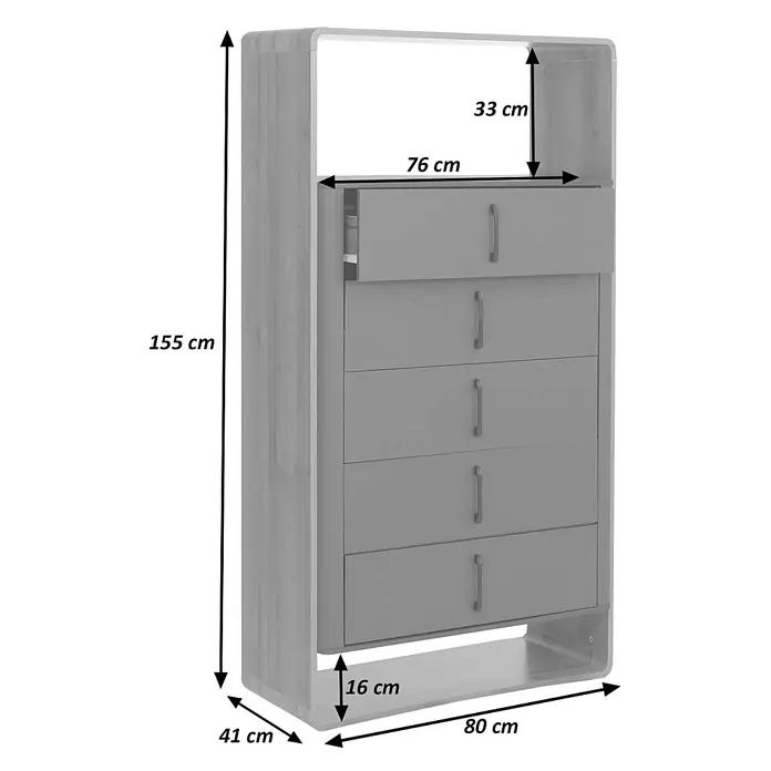 Mendler Highboard HWC-P43 155x80x41cm MDF - Wotan-Eiche-Optik, weiß -  - Graue hohe Kommode mit 5 Schubladen und offenem Fach oben, 155x80x41 cm.