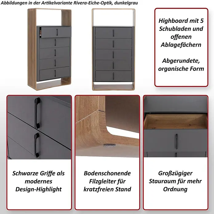 Mendler Highboard HWC-P43 155x80x41cm MDF - Wotan-Eiche-Optik, weiß -  - Highboard in Rivera-Eiche-Optik und Dunkelgrau mit 5 Schubladen und offenen Fächern. Schwarze Griffe und abgerundete Form.