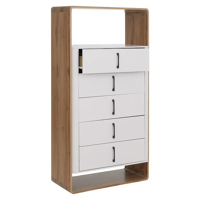 Mendler Highboard HWC-P43 155x80x41cm MDF - Wotan-Eiche-Optik, weiß -  - Holzkommode mit fünf weißen Schubladen und schwarzen Griffen, eine Schublade leicht geöffnet.