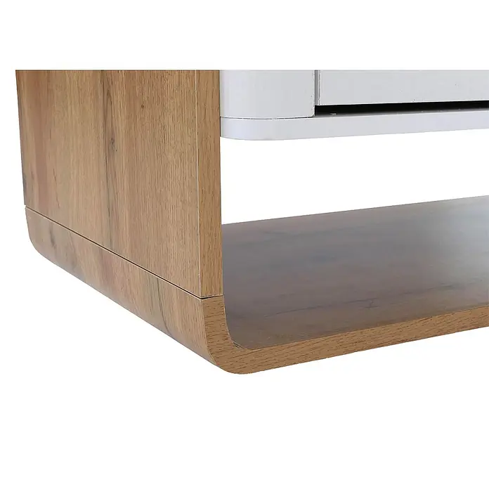 Mendler Highboard HWC-P43 155x80x41cm MDF - Wotan-Eiche-Optik, weiß -  - Nahaufnahme eines hellen Holzmöbels mit abgerundeter Ecke und weißem Oberteil, mit Maserungsdetails.