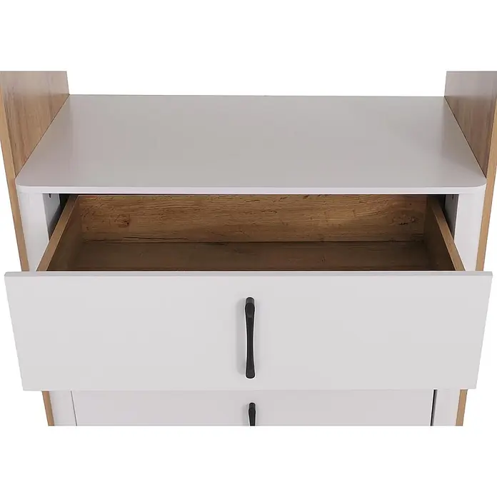 Mendler Highboard HWC-P43 155x80x41cm MDF - Wotan-Eiche-Optik, weiß -  - Zweifarbige Kommode mit weißen Fronten und hellem Holzrahmen, obere Schublade offen mit dunklem Holzinterieur und schwarzem Griff.