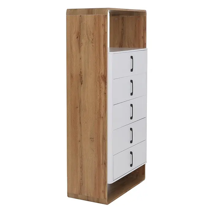 Mendler Highboard HWC-P43 155x80x41cm MDF - Wotan-Eiche-Optik, weiß -  - Zweifarbige Kommode in Holzoptik und Weiß mit fünf weißen Schubladen, schwarzen Griffen und offenen Fächern oben und unten.