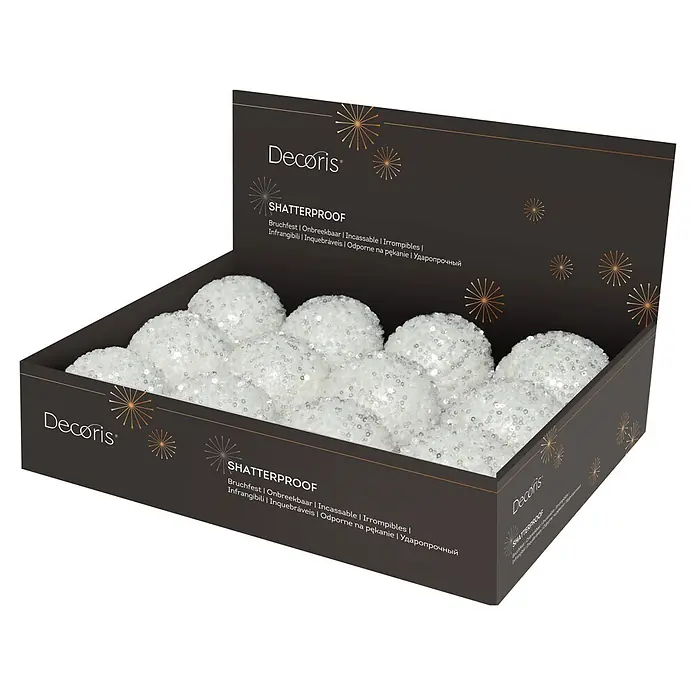 Bola de Navidad Lentejuelas - Blanco, Poliestireno, Redonda, 1 ud. - Adornos navideños blancos con lentejuelas, irrompibles, en una caja expositora negra.