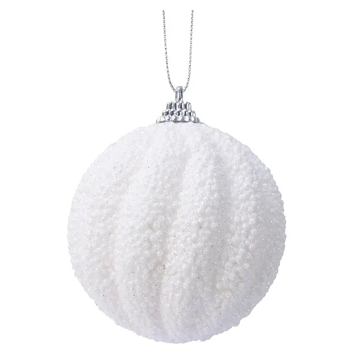 Bola de Navidad Espuma y Purpurina - Blanco, Poliestireno, Redonda, 1 ud. - Bola de Navidad blanca brillante con superficie texturizada y colgador plateado.