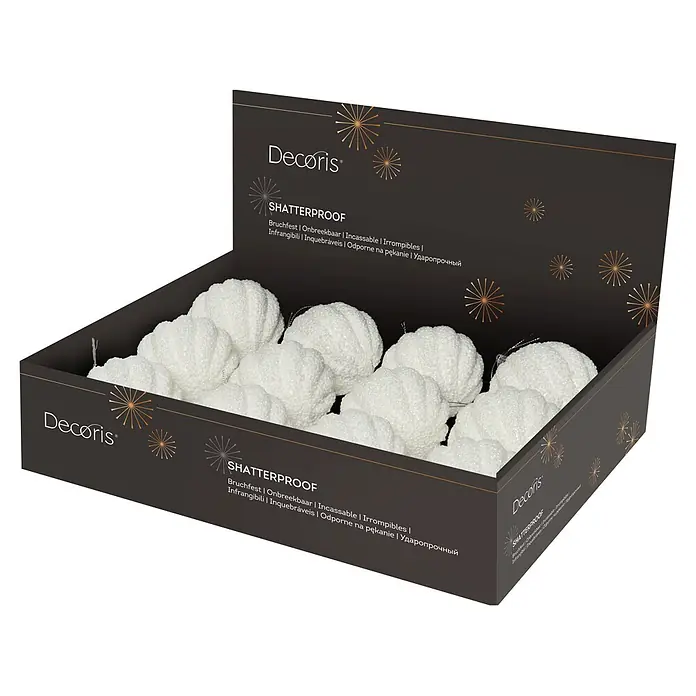Bola de Navidad Espuma y Purpurina - Blanco, Poliestireno, Redonda, 1 ud. - Adornos blancos, estriados, irrompibles con acabado texturizado en una caja expositora oscura.