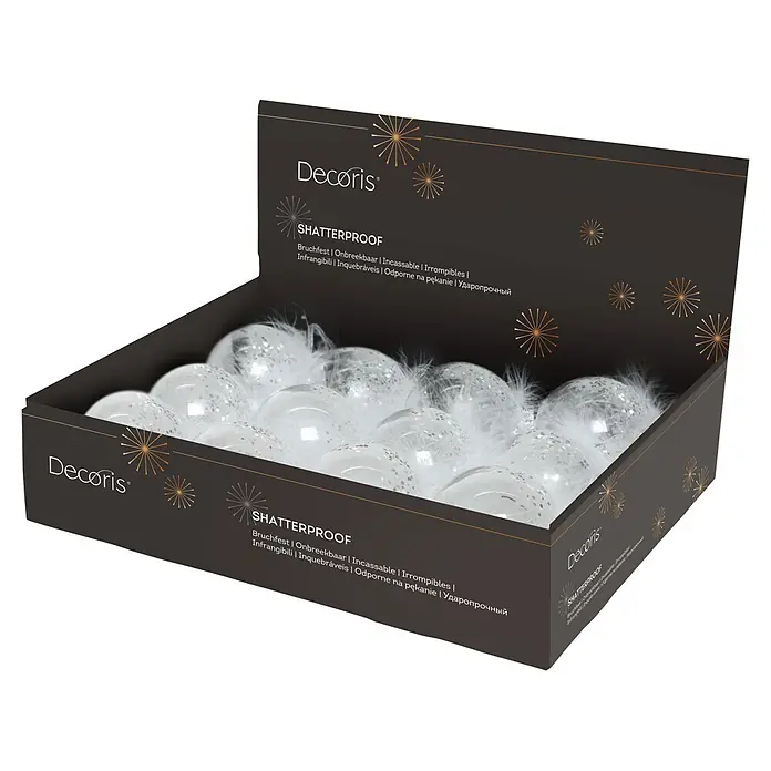 Bola de Navidad con plumas - Blanco, Poliestireno, Redonda, 1 ud. - Una caja expositora de bolas de Navidad transparentes e irrompibles con plumas blancas y purpurina.