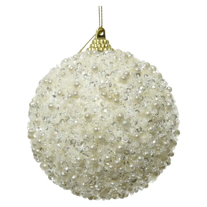 Bola de Navidad Lunares - Blanco, Poliestireno, Redonda, 1 ud. - Bola de Navidad blanca y plateada, decorada con perlas, lentejuelas y purpurina, con colgador dorado.