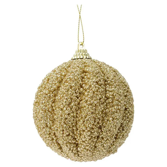 Bola de Navidad con purpurina - Dorado, Poliestireno, Redonda, 1 ud. - Bola de Navidad dorada con purpurina y textura, con cuerda para colgar.