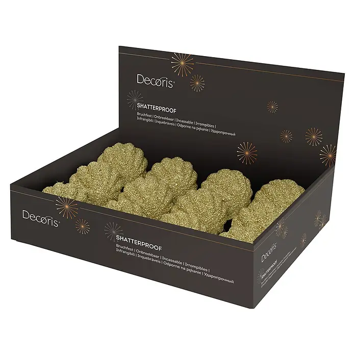 Bola de Navidad con purpurina - Dorado, Poliestireno, Redonda, 1 ud. - Adornos dorados brillantes irrompibles en una caja expositora negra.