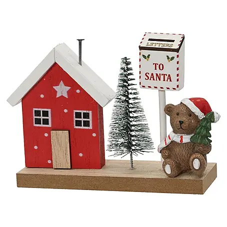 Figura decorativa navideña Casita con árbol, oso y buzón