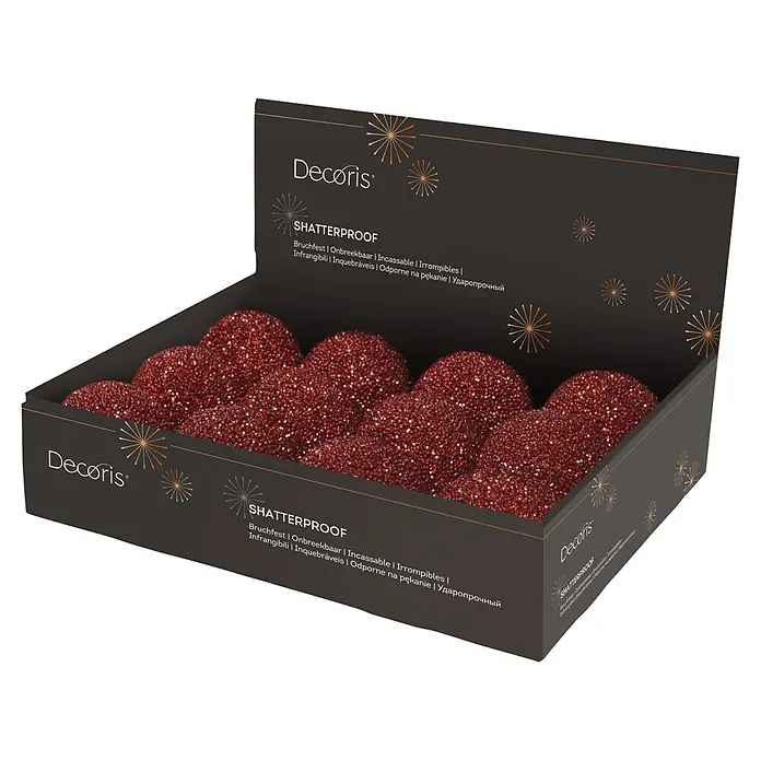 Bola de Navidad Lunares - Rojo, Poliestireno, Redonda, 1 ud. - Bolas de Navidad rojas con purpurina irrompibles en una caja expositora oscura 'Decoris'.