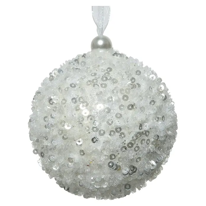 Bola de Navidad Lentejuelas - Blanco, Poliestireno, Redonda, 1 ud. - Bola de Navidad blanca cubierta de lentejuelas brillantes y purpurina, con una perla y cinta para colgar.